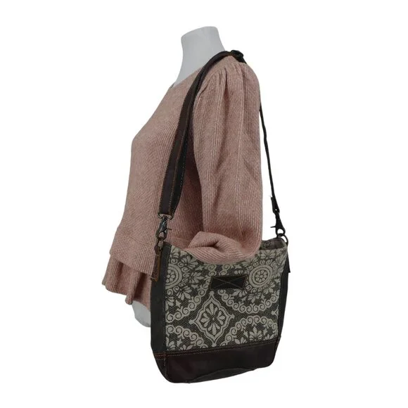 Myra Bag Brown Gray Cotton Leather Mandala Crossbody Shoulder Bag Purse - Picture 2 of 12